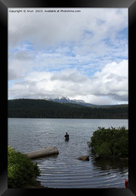 Man fishing in a lake Framed Print by Arun 