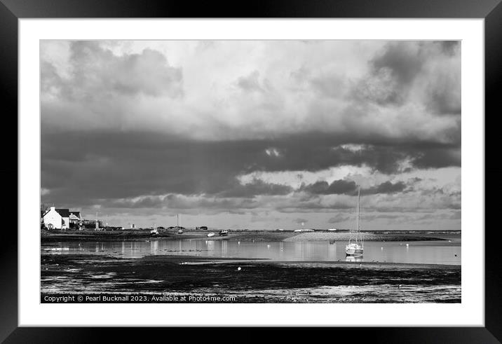 Moody Red Wharf Bay Anglesey Black and White Framed Mounted Print by Pearl Bucknall