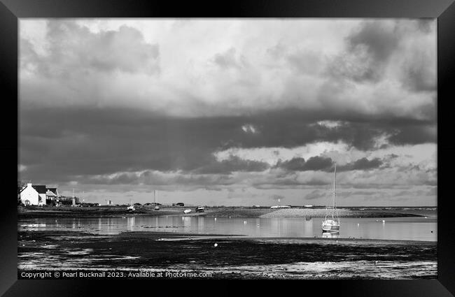 Moody Red Wharf Bay Anglesey Black and White Framed Print by Pearl Bucknall