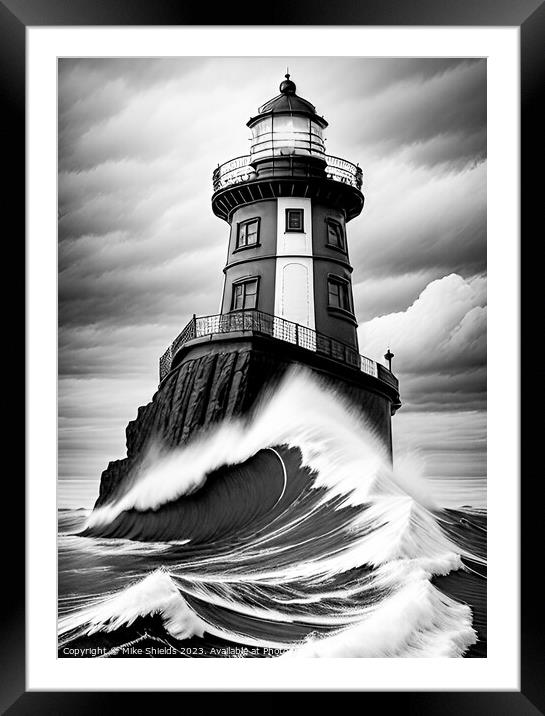 Monochrome Lighthouse lashed by stormy seas Framed Mounted Print by Mike Shields