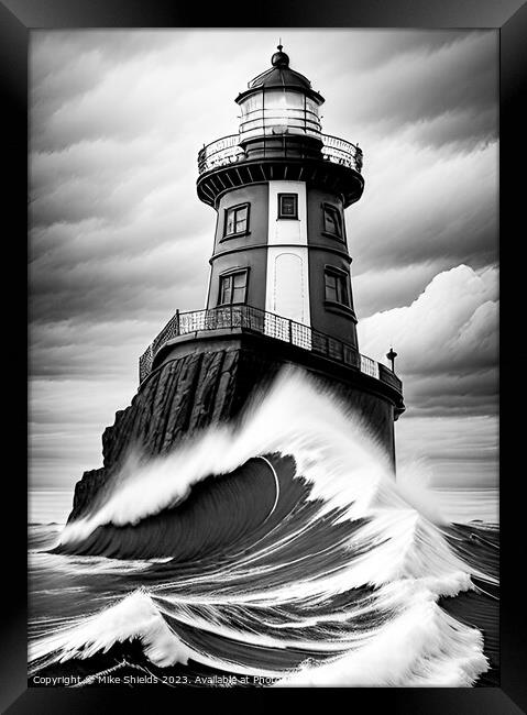 Monochrome Lighthouse lashed by stormy seas Framed Print by Mike Shields