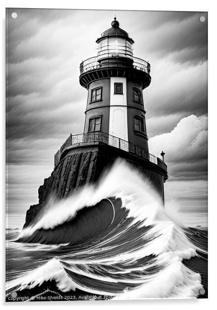 Monochrome Lighthouse lashed by stormy seas Acrylic by Mike Shields