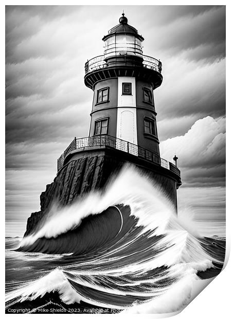 Monochrome Lighthouse lashed by stormy seas Print by Mike Shields