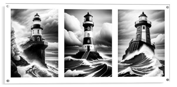 Three Monochrome Lighthouses Acrylic by Mike Shields