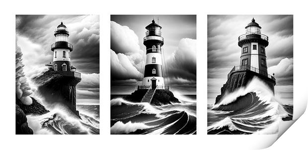 Three Monochrome Lighthouses Print by Mike Shields