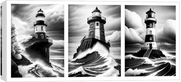 Three Lighthouses pounded by heavy seas Canvas Print by Mike Shields