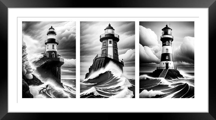 Three Lighthouses pounded by heavy seas Framed Mounted Print by Mike Shields
