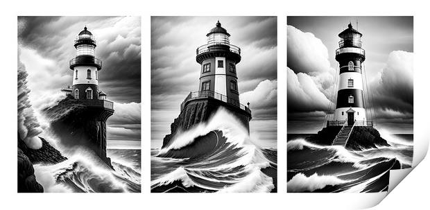 Three Lighthouses pounded by heavy seas Print by Mike Shields