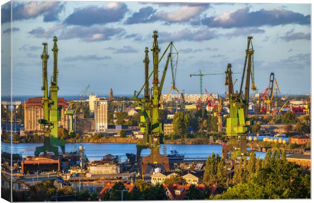 Gdansk Shipyard Cranes At Sunset In Poland Canvas Print by Artur Bogacki