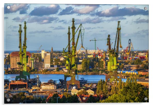 Gdansk Shipyard Cranes At Sunset In Poland Acrylic by Artur Bogacki