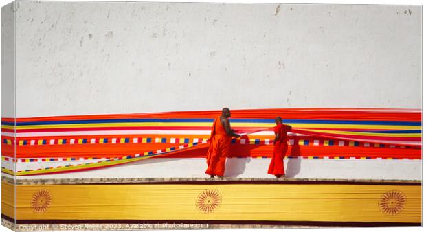 Monks wrap a ribbon around a Stupa in Anuradphura, Canvas Print by Steven Nokes