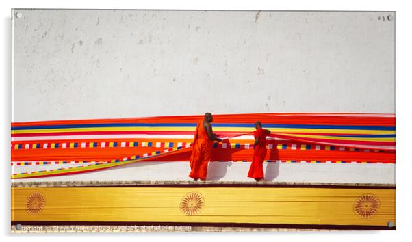 Monks wrap a ribbon around a Stupa in Anuradphura, Acrylic by Steven Nokes
