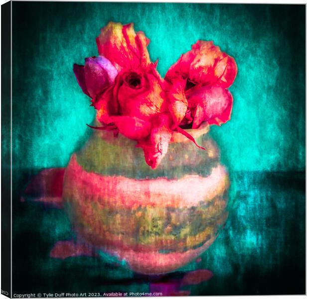 Vibrant Roses in a Handmade Pottery Vase (2)  Canvas Print by Tylie Duff Photo Art