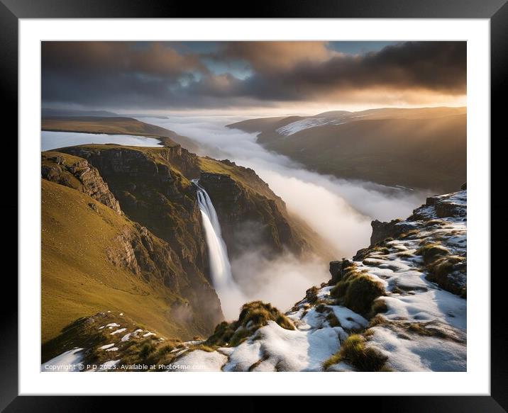 Snowy Cascade: Mountain's Flowing Beauty Framed Mounted Print by P D