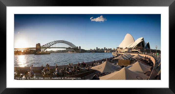The world famous Sydney Opera House and Harbour Bridge at sunset Framed Mounted Print by Gordon Elias