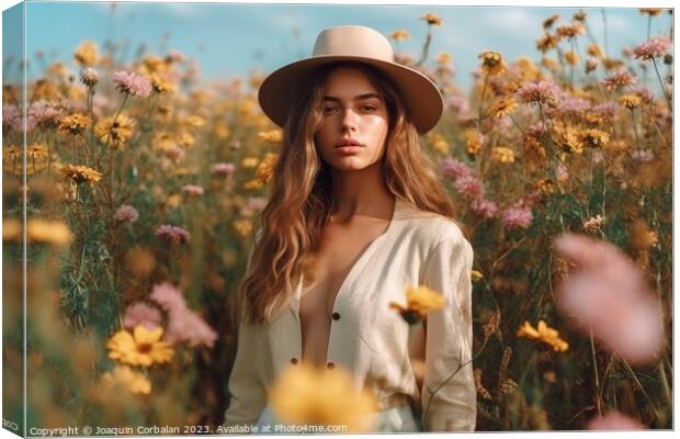A beautiful model woman, posing seriously among a field of flowers, wearing a straw hat and a sensual open shirt. Canvas Print by Joaquin Corbalan