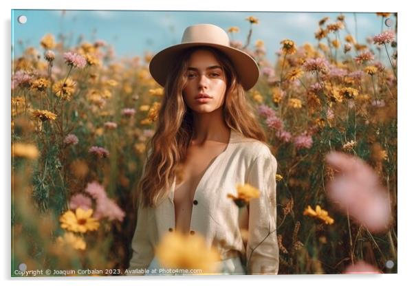 A beautiful model woman, posing seriously among a field of flowers, wearing a straw hat and a sensual open shirt. Acrylic by Joaquin Corbalan