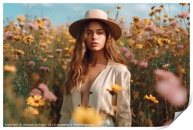 A beautiful model woman, posing seriously among a field of flowers, wearing a straw hat and a sensual open shirt. Print by Joaquin Corbalan