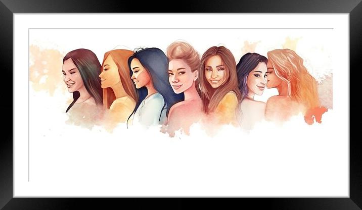 A colorful watercolor drawing depicting a diverse group of young women, symbolizing feminism and empowerment, against a blank background Framed Mounted Print by Joaquin Corbalan