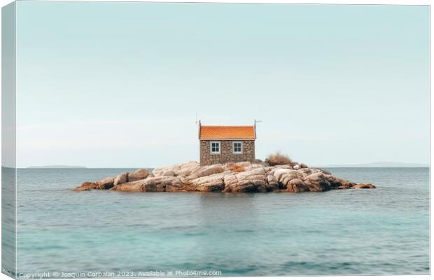 The rise in sea level leaves a small house on a promontory isolated. Canvas Print by Joaquin Corbalan