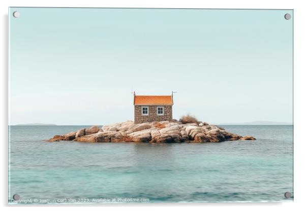 The rise in sea level leaves a small house on a promontory isolated. Acrylic by Joaquin Corbalan