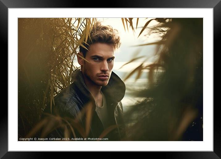 A male model poses with a captivating look among t Framed Mounted Print by Joaquin Corbalan