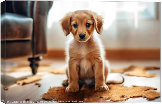 A puppy rests after tearing up the carpet at home. Canvas Print by Joaquin Corbalan