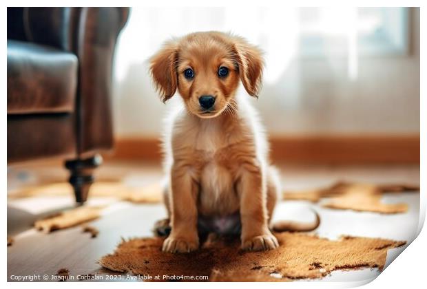 A puppy rests after tearing up the carpet at home. Print by Joaquin Corbalan