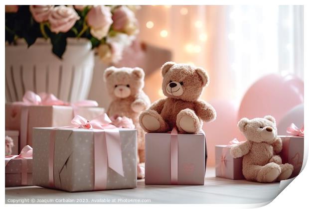 Many gifts in pink boxes and stuffed animals, exce Print by Joaquin Corbalan