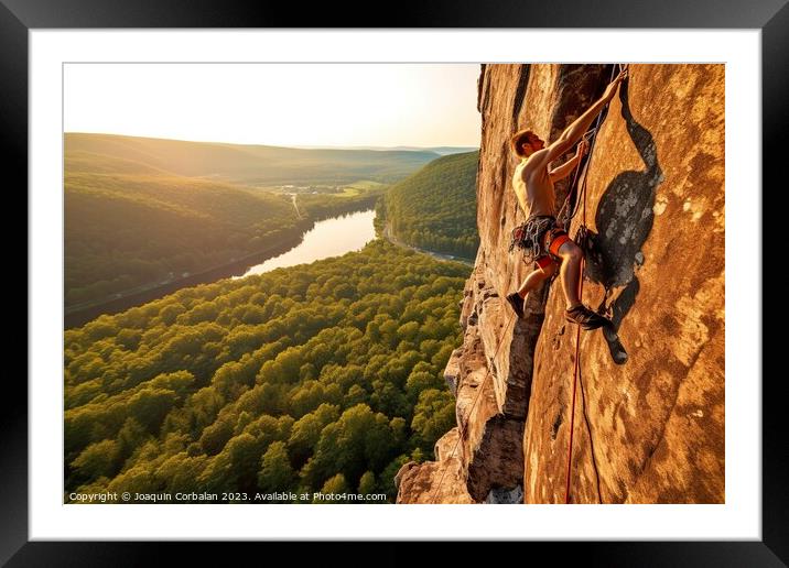 An athlete, man, climbing a bare rock wall on a ve Framed Mounted Print by Joaquin Corbalan