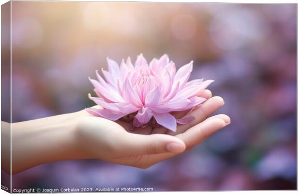 Hand holds a delicate lotus flower, peace and harm Canvas Print by Joaquin Corbalan