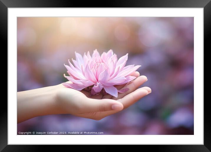 Hand holds a delicate lotus flower, peace and harm Framed Mounted Print by Joaquin Corbalan