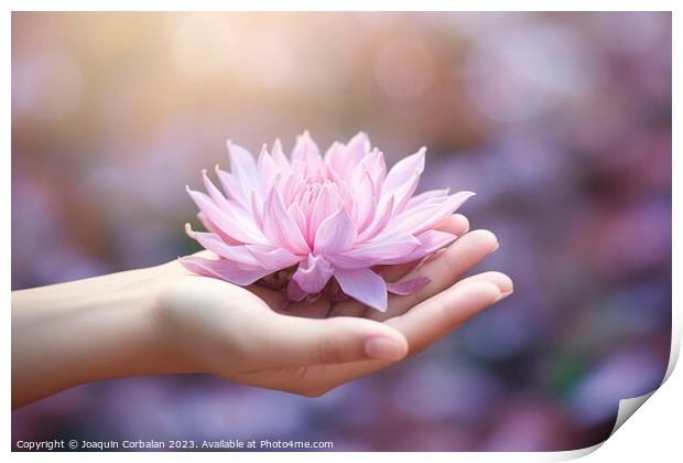Hand holds a delicate lotus flower, peace and harm Print by Joaquin Corbalan