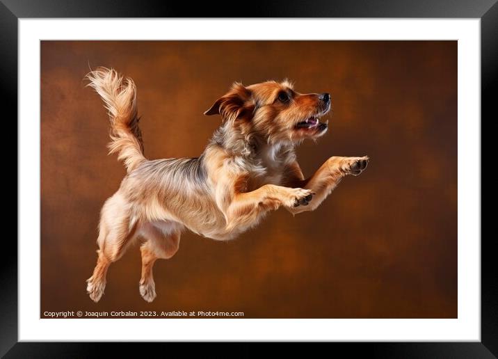 A healthy dog jumps with its mouth open, studio ph Framed Mounted Print by Joaquin Corbalan