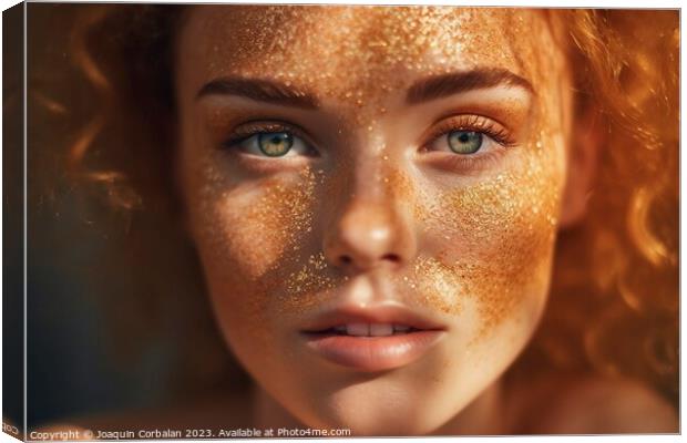 Intense look of a beautiful young woman, close-up of her face, with eyes made up with glitter Canvas Print by Joaquin Corbalan