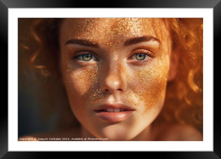 Intense look of a beautiful young woman, close-up of her face, with eyes made up with glitter Framed Mounted Print by Joaquin Corbalan