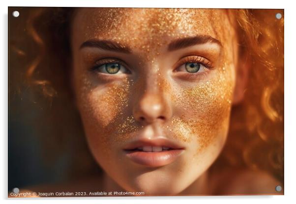 Intense look of a beautiful young woman, close-up of her face, with eyes made up with glitter Acrylic by Joaquin Corbalan