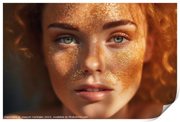 Intense look of a beautiful young woman, close-up of her face, with eyes made up with glitter Print by Joaquin Corbalan