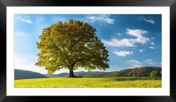 In the serene countryside, a majestic maple tree stands tall in a lush meadow under a captivating blue sky Framed Mounted Print by Joaquin Corbalan