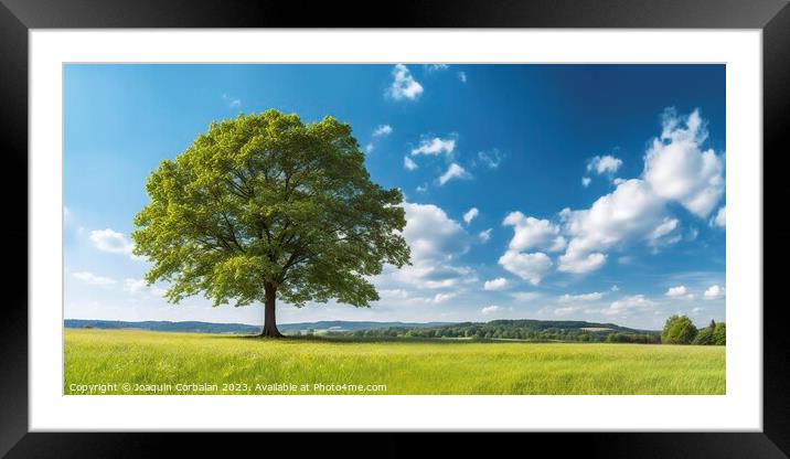 A country landscape, a large maple tree in a meadow with green grass and beautiful blue sky. Framed Mounted Print by Joaquin Corbalan