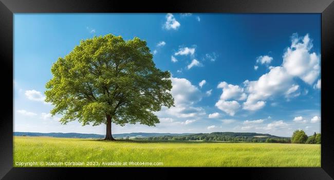 A country landscape, a large maple tree in a meadow with green grass and beautiful blue sky. Framed Print by Joaquin Corbalan
