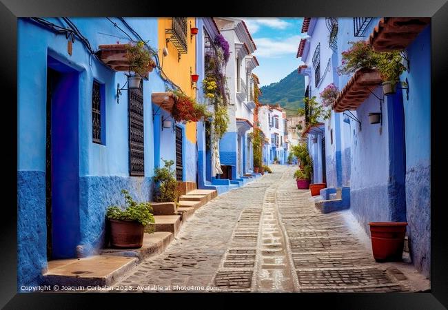 Beautiful houses painted in blue in a Moroccan vil Framed Print by Joaquin Corbalan
