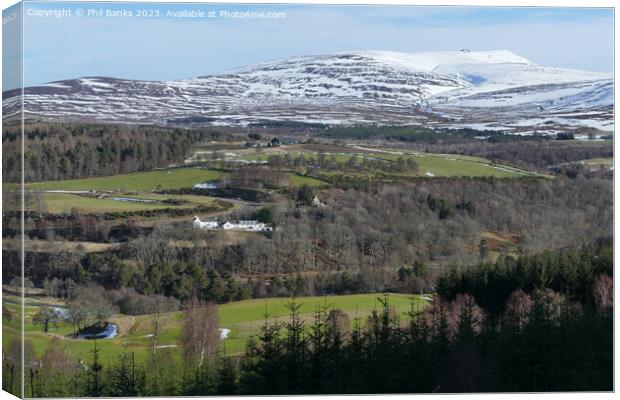 Ballindalloch Golf Course, Delnashaugh and Ben Rinnes  Canvas Print by Phil Banks