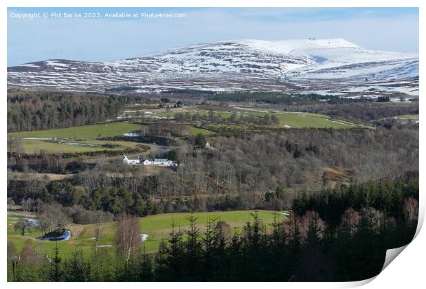 Ballindalloch Golf Course, Delnashaugh and Ben Rinnes  Print by Phil Banks