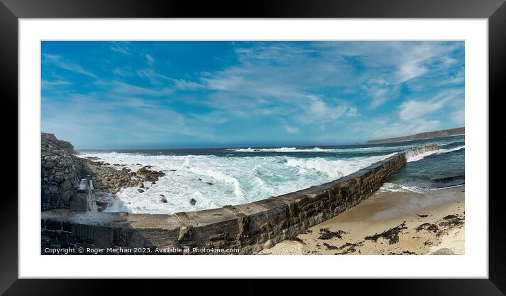 Panorama of turbulent seas at Sennen Cove Cornwall Framed Mounted Print by Roger Mechan