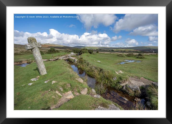 Small stream with stone cross called Windy Post Framed Mounted Print by Kevin White