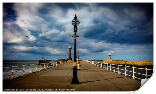Whitby Lamps, piers, and Sunshine Print by Cass Castagnoli