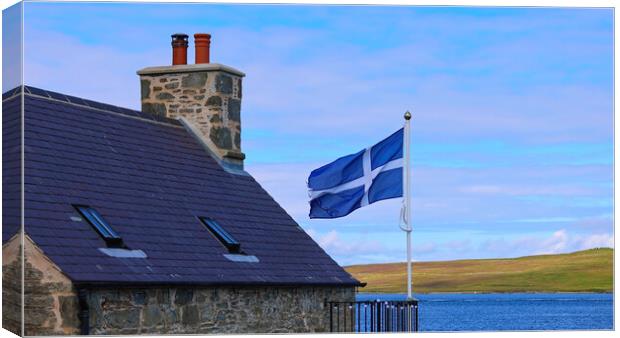 Shetland Flag waving on a typical medieval house in Lerwick downtown and port in Scotland, England Canvas Print by Elijah Lovkoff