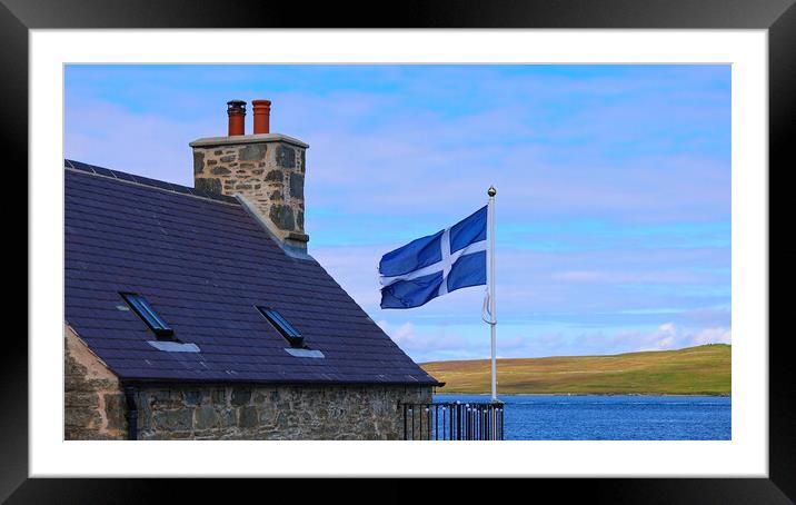 Shetland Flag waving on a typical medieval house in Lerwick downtown and port in Scotland, England Framed Mounted Print by Elijah Lovkoff