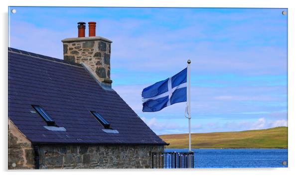Shetland Flag waving on a typical medieval house in Lerwick downtown and port in Scotland, England Acrylic by Elijah Lovkoff
